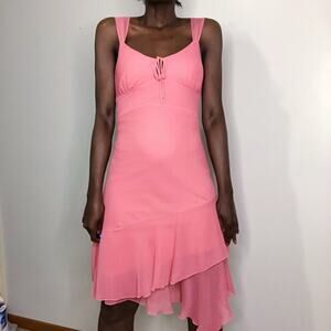 VINTAGE |  Y2K Milkmaid Chiffon Asymmetric Coquette Fairy Pink Dress Size Large